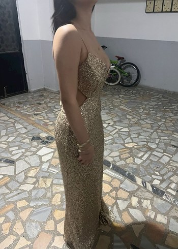 s Beden altın Renk payetli Altın Uzun Abiye Elbise
