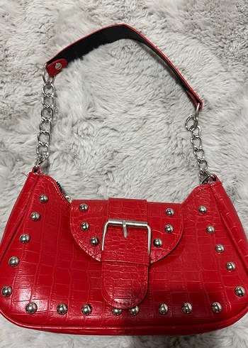 Kırmızı Parlak Yılan Desenli Rock Punk Çanta - Görsel 2