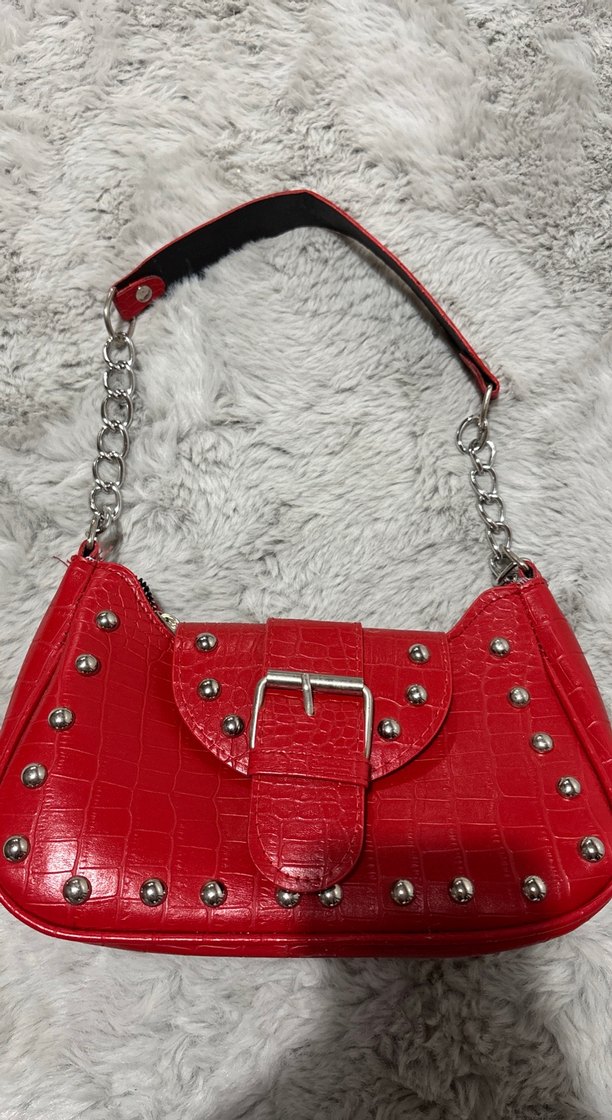 Kırmızı Parlak Yılan Desenli Rock Punk Çanta - Görsel 2