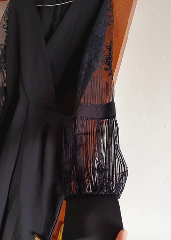 Siyah Uzun Kollu Drapeli Tulum - Görsel 4