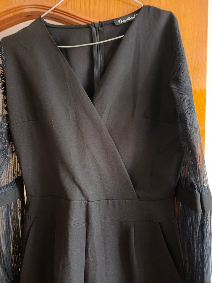 Siyah Uzun Kollu Drapeli Tulum - Görsel 2