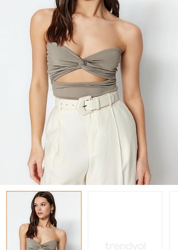 Bej Kadın straplez çıtçıtlı bluz - Görsel 2