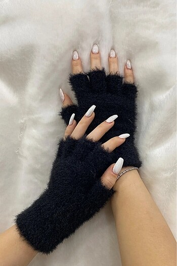 Peluş Kesik Parmak Eldiven Siyah
