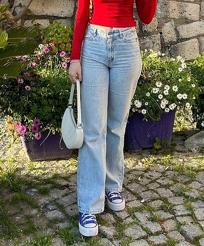 Trendyol mavi bel detaylı yüksek bel wide leg jean