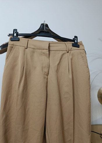 38 Beden camel Renk Bej Kadın Keten Pilili Kumaş Pantolon