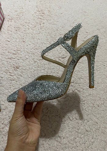 Gri Simli Stiletto Topuklu Kadın Abiye Ayakkabı - Görsel 4