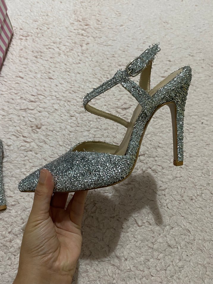 Gri Simli Stiletto Topuklu Kadın Abiye Ayakkabı - Görsel 4