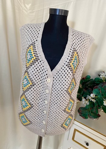 Nakışlı Bohem Gri Örgü Kadın Yelek - Görsel 2