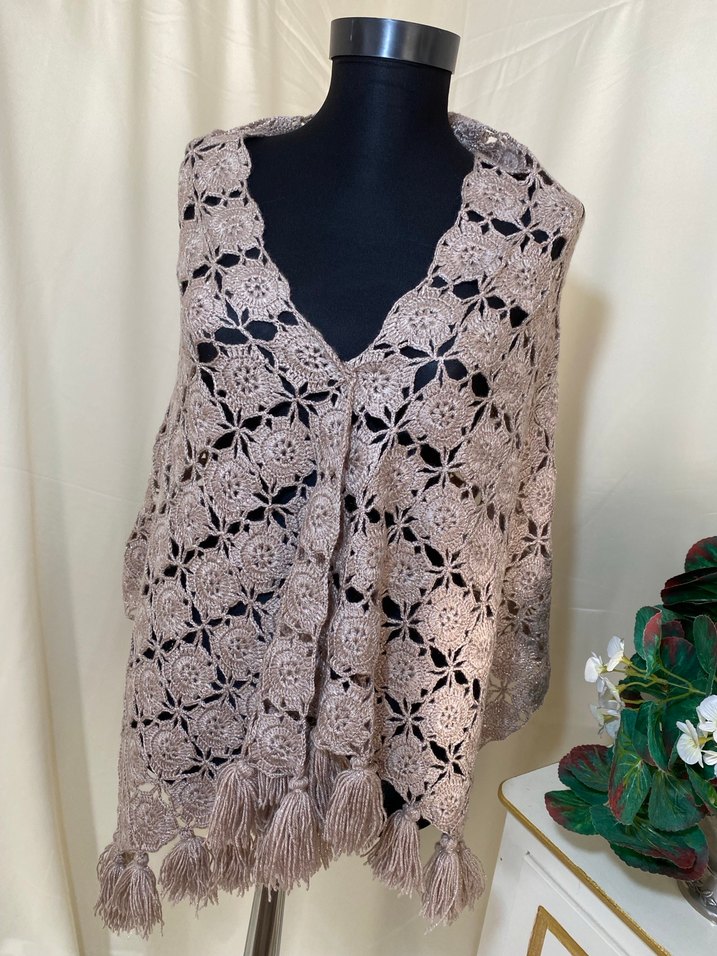 Taş renk Dantelli Bohem Kadın Triko Şal - Görsel 4