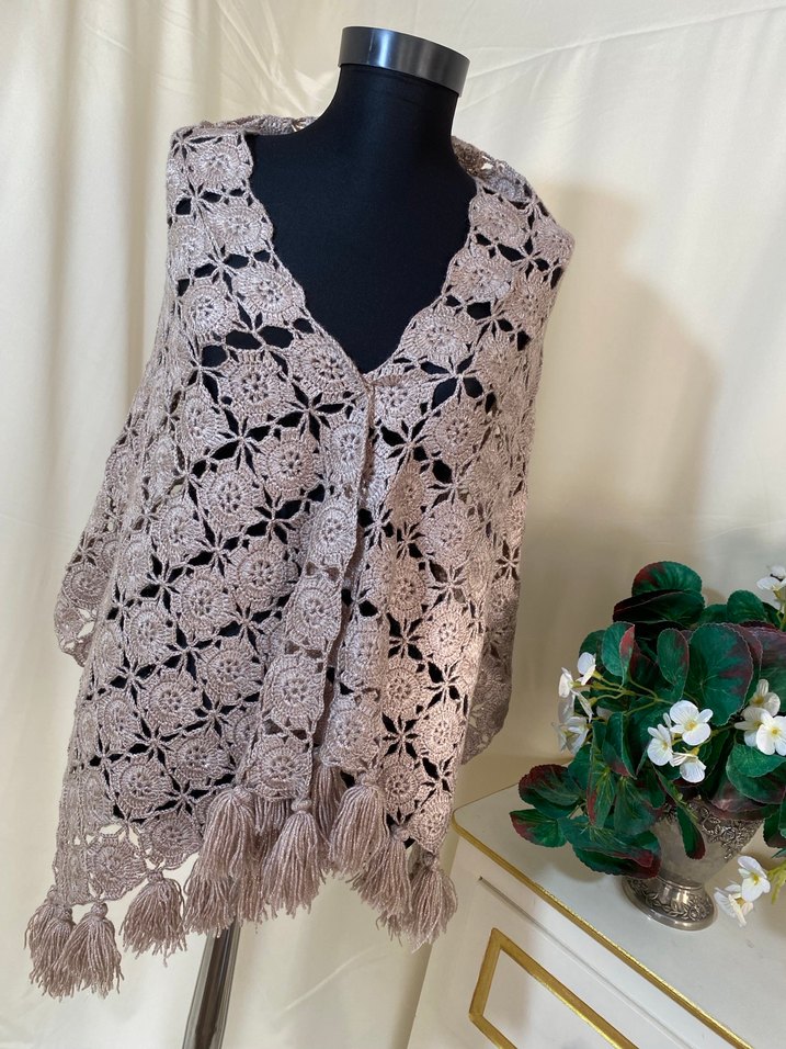 Taş renk Dantelli Bohem Kadın Triko Şal - Görsel 2