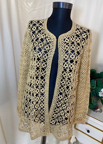 Bej İşlemeli Dantel Uzun Kadın Hırka - Görsel 2