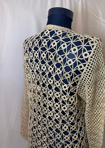 Bej İşlemeli Dantel Uzun Kadın Hırka - Görsel 4