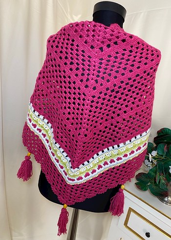 Pembe Bohem Dantel Detaylı Örgü Kadın Şal - Görsel 3