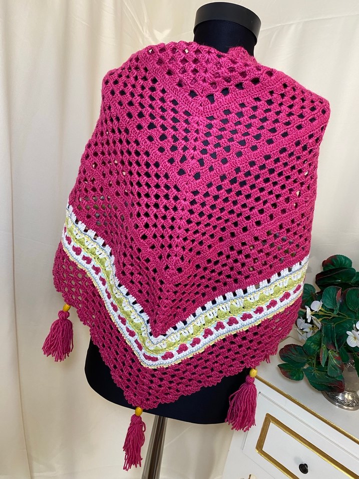 Pembe Bohem Dantel Detaylı Örgü Kadın Şal - Görsel 3