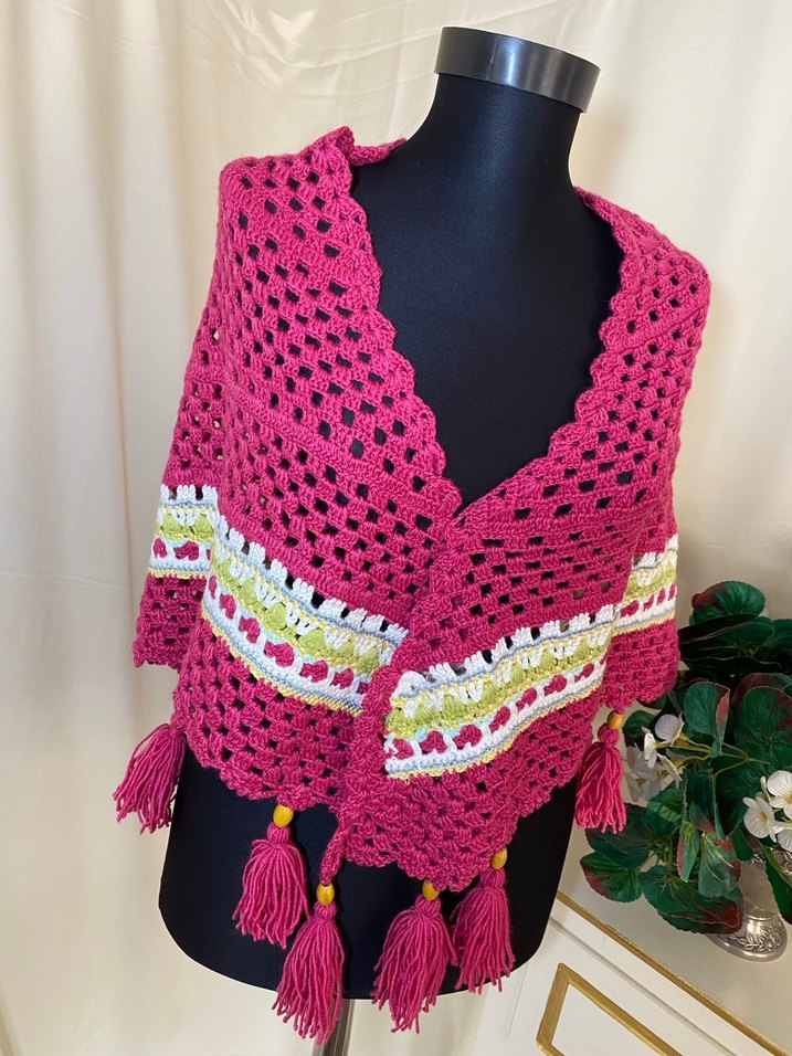 Pembe Bohem Dantel Detaylı Örgü Kadın Şal - Görsel 2