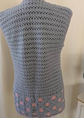 Gri Örgü V Yaka Uzun Kadın Yelek - Görsel 4