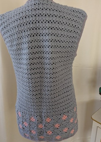 Gri Örgü V Yaka Uzun Kadın Yelek - Görsel 5