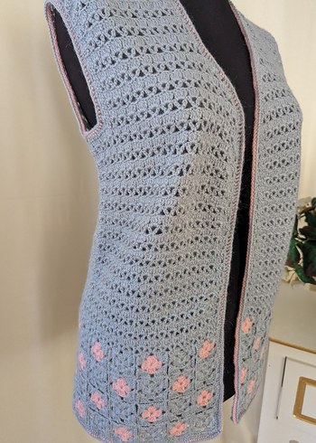 Gri Örgü V Yaka Uzun Kadın Yelek - Görsel 3