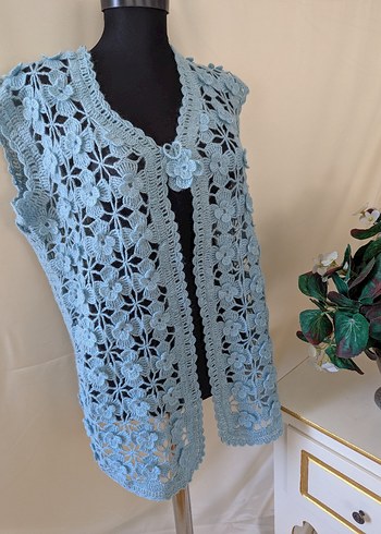 Şu yeşili Uzun Örgü Kadın Yelek - Görsel 2