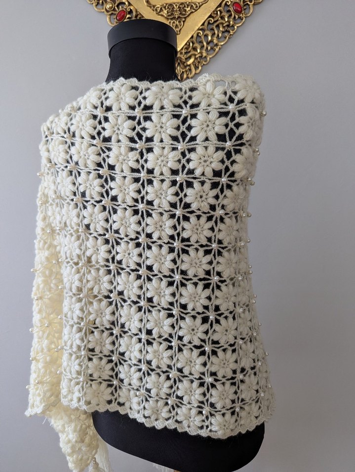 Beyaz Dantel Bohem Örgü Kadın Şal - Görsel 3