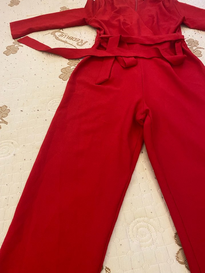 Kemerli Kırmızı Kadın Midi Tulum - Görsel 2