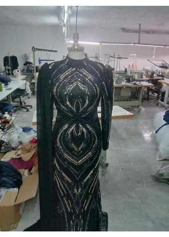 Boncuklu Siyah Uzun Abiye Elbise - Görsel 3