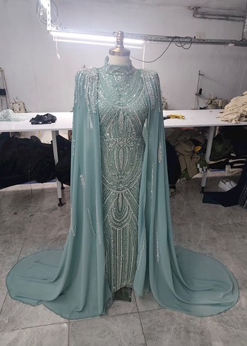 Yeşil İşlemeli Uzun Abiye Elbise - Görsel 11