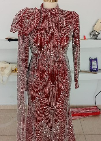 Bordo Parlak Uzun Kollu Drapeli Kadın Abiye - Görsel 2