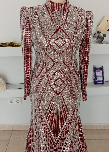Bordo Payetli Uzun Abiye Elbise