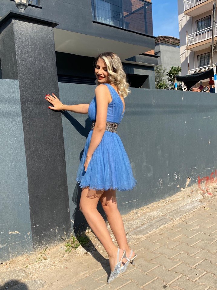 Mavi İnce Askılı Mini Kot Elbise - Görsel 2