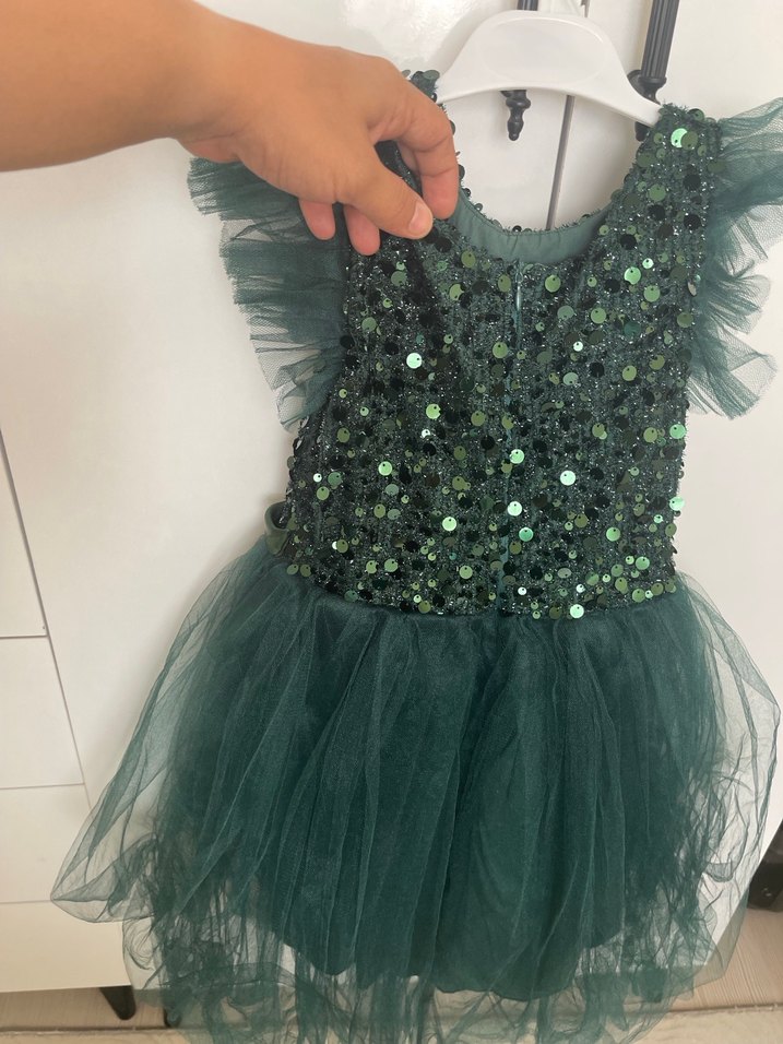Yeşil Payetli ve Tül Detaylı Kız Çocuk Elbisesi - Görsel 2