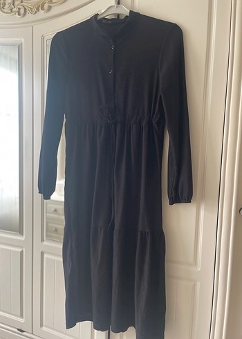 Düğmeli Siyah Uzun Keten Elbise - Görsel 2