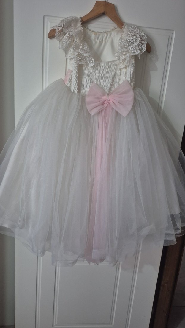 Beyaz Dantel tarlatanli kabarik Kız Çocuk gelinlik - Görsel 4