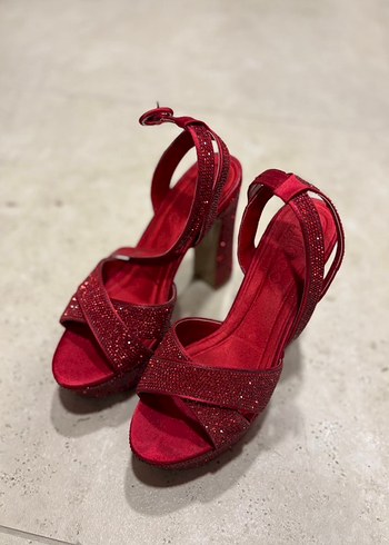 Kadın Kırmızı Payetli Platform Topuklu Abiye Ayakkabı - Görsel 4
