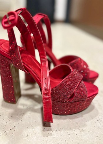 Kadın Kırmızı Payetli Platform Topuklu Abiye Ayakkabı - Görsel 3
