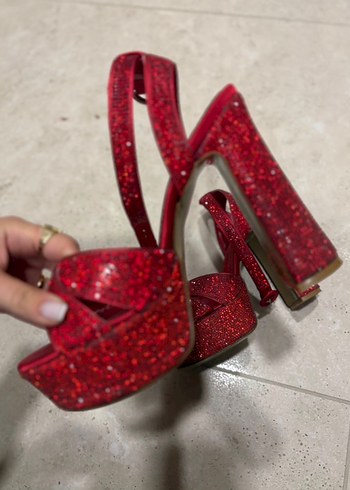 Kadın Kırmızı Payetli Platform Topuklu Abiye Ayakkabı - Görsel 2
