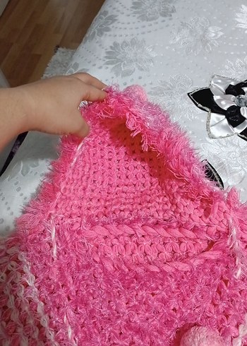 Kızlar için Pembe Kapüşonlu Örgü Panço - Görsel 4