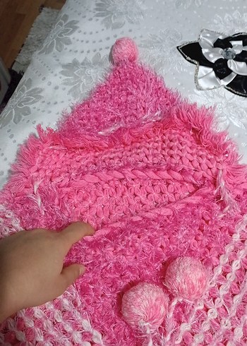 Kızlar için Pembe Kapüşonlu Örgü Panço - Görsel 3