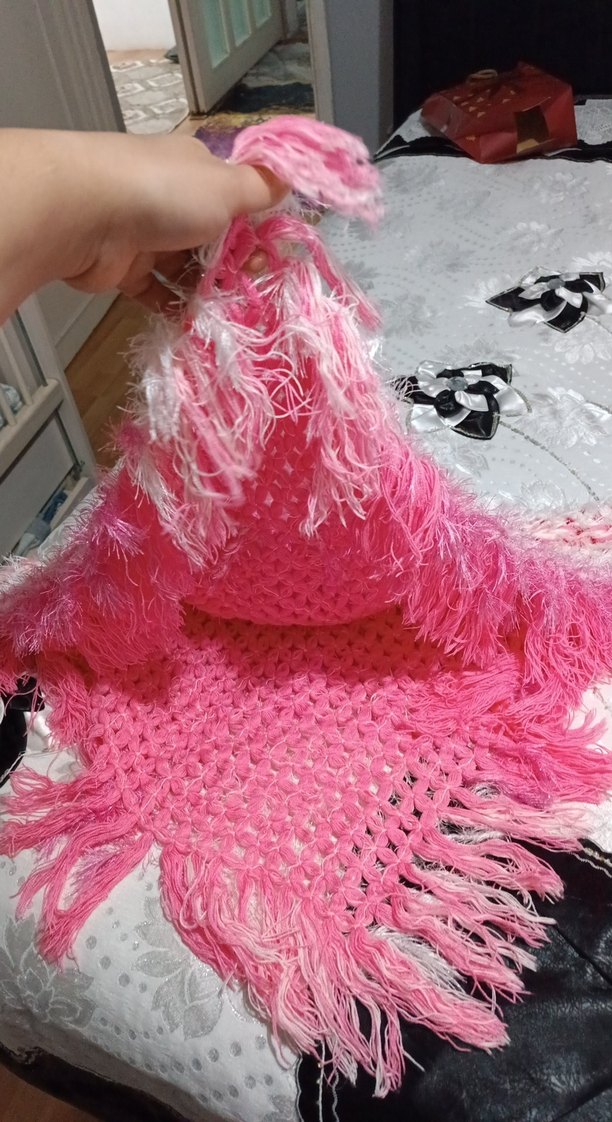 Kızlar için Pembe Kapüşonlu Örgü Panço - Görsel 5