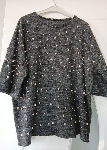 Gri İnci Detaylı Kısa Kollu Triko Kadın Kazak - Görsel 7