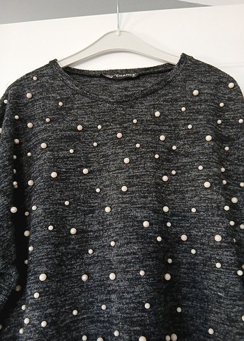 Gri İnci Detaylı Kısa Kollu Triko Kadın Kazak - Görsel 2