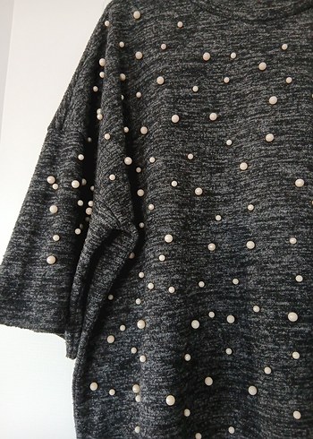 Gri İnci Detaylı Kısa Kollu Triko Kadın Kazak - Görsel 5