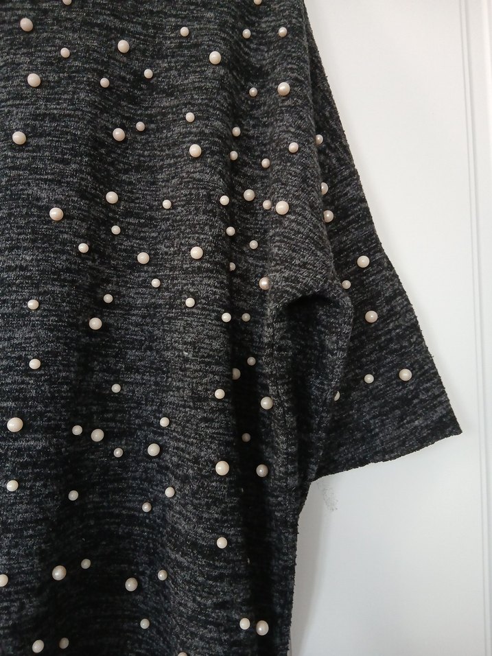 Gri İnci Detaylı Kısa Kollu Triko Kadın Kazak - Görsel 4