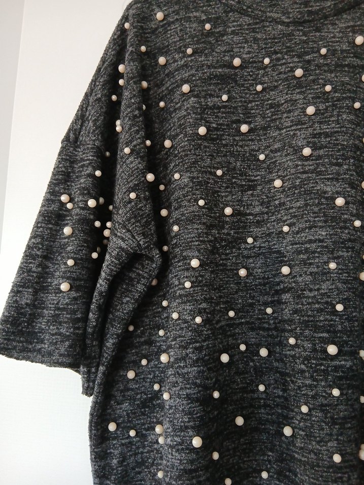 Gri İnci Detaylı Kısa Kollu Triko Kadın Kazak - Görsel 5