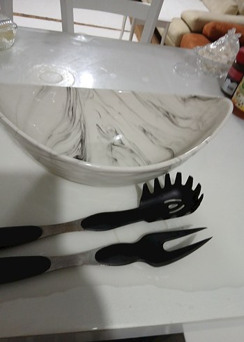 Mermer Desenli Beyaz Gri Servis Tabağı - Görsel 3