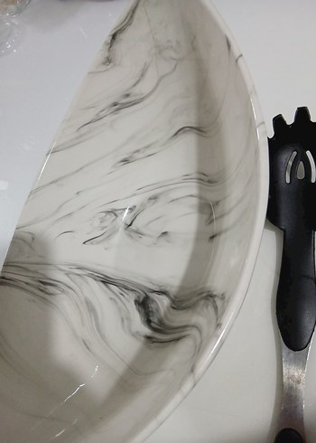 Mermer Desenli Beyaz Gri Servis Tabağı - Görsel 2