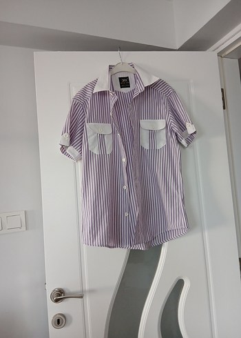 Mor Çizgili Kısa Kollu Erkek Gömlek - Görsel 4