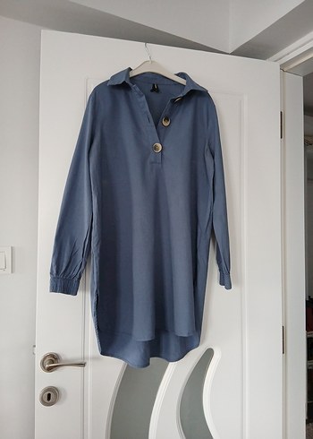 Mavi Keten Midi Gömlek - Görsel 6