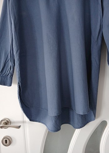 Mavi Keten Midi Gömlek - Görsel 2