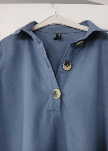 Mavi Keten Midi Gömlek - Görsel 5